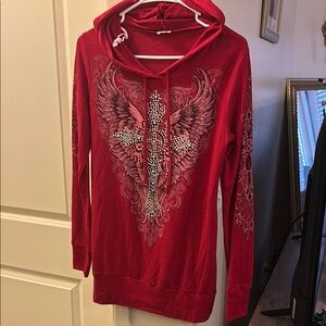Red Hooded Top with Winged Cross Design